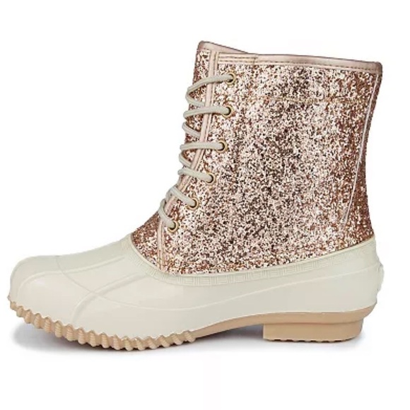 Sugar “Skipper” Rose Gold Glitter Lace Up Rain Snow Duck Boots - Picture 3 of 16